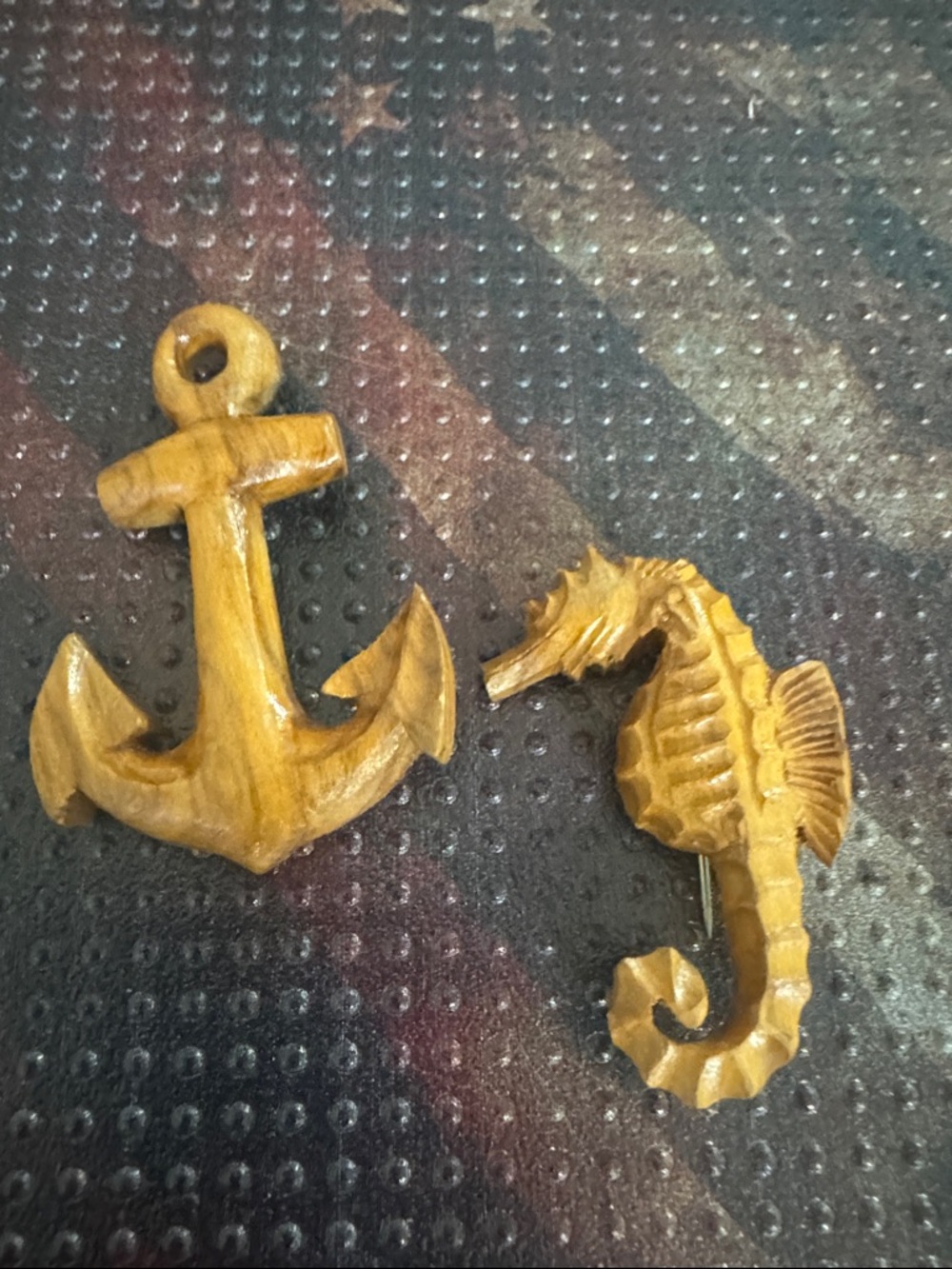 Vintage Hand-Carved Wood Anchor and Seahorse Brooches